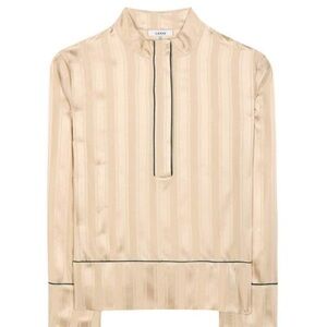GANNI Beige Silk Satin Mandarin Collar Blouse Top Shirt